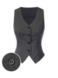 Clearance Retro Stage Dark Gray 1960s V-Neck Pinstripes Sleeveless Top