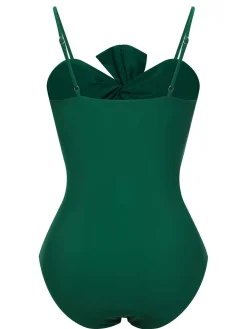 Hot Retro Stage 1940s Bow Spaghetti Strap Swimsuit Dark Green