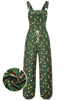 Online Retro Stage 1930s Christmas Bells Multi-Pocket Jumpsuit Dark Green