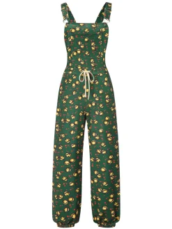 Online Retro Stage 1930s Christmas Bells Multi-Pocket Jumpsuit Dark Green