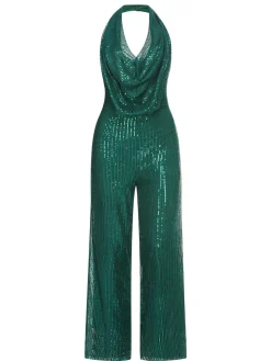 Online Retro Stage 1930s Cowl Neck Sequined Jumpsuit Dark Green