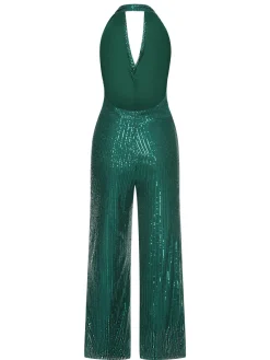 Online Retro Stage 1930s Cowl Neck Sequined Jumpsuit Dark Green