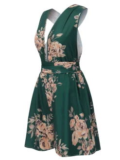Online Retro Stage 1970s Floral Deep V-Neck Romper Dark Green