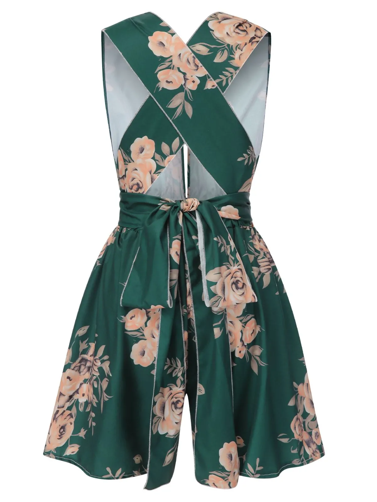 Online Retro Stage 1970s Floral Deep V-Neck Romper Dark Green