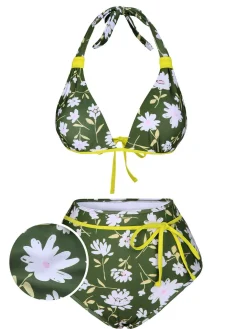 Hot Retro Stage 1940s Halter Bow Floral Swimsuit Dark Green