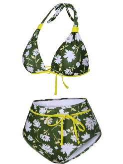 Hot Retro Stage 1940s Halter Bow Floral Swimsuit Dark Green