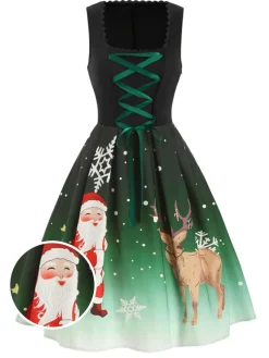 Best Retro Stage 1950s Lace Up Christmas Dress Dark Green