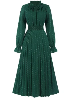 New Retro Stage 1940s Lantern Sleeve Ruffles Dress Dark Green