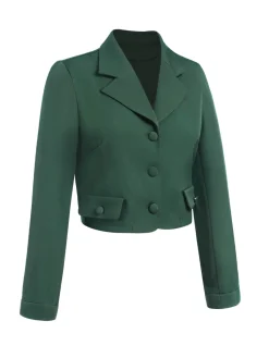 New Retro Stage 1940s Lapel Button Cropped Blazer Dark Green