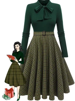 Hot Retro Stage Dark Green 1950s Plaid Knitting Dress
