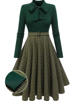 Hot Retro Stage Dark Green 1950s Plaid Knitting Dress