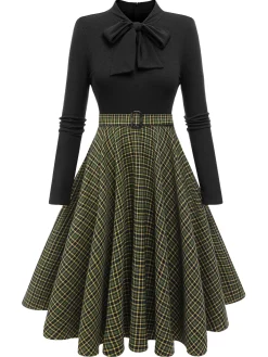 Hot Retro Stage Dark Green 1950s Plaid Knitting Dress