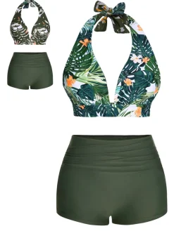 Fashion Retro Stage 1930s Reversible Halter Swimsuit Dark Green
