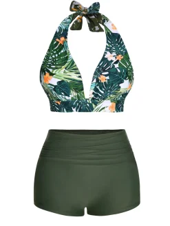 Fashion Retro Stage 1930s Reversible Halter Swimsuit Dark Green