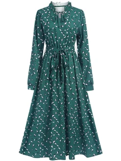 New Retro Stage 1940s Ruffled Neck Long Sleeve Belted Dress Dark Green