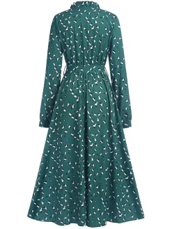 New Retro Stage 1940s Ruffled Neck Long Sleeve Belted Dress Dark Green
