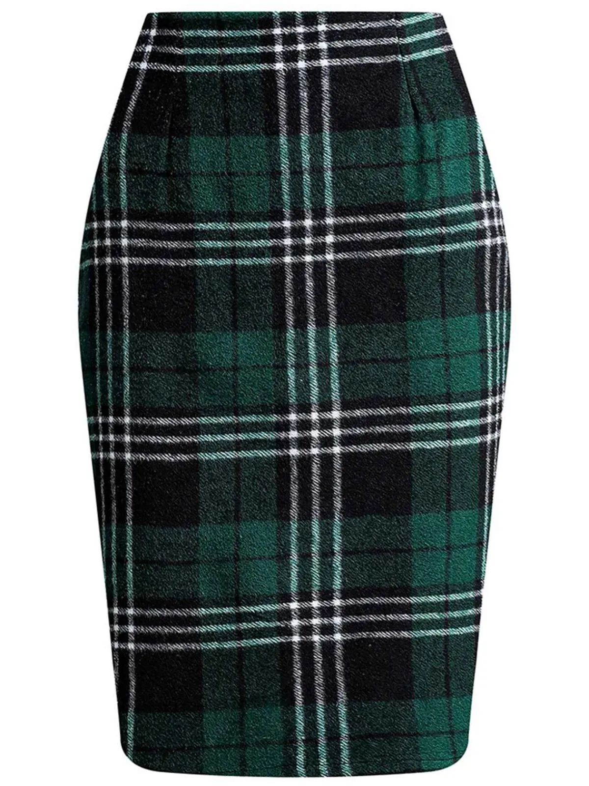 New Retro Stage 1960s Scottish Plaid Pencil Skirt Dark Green