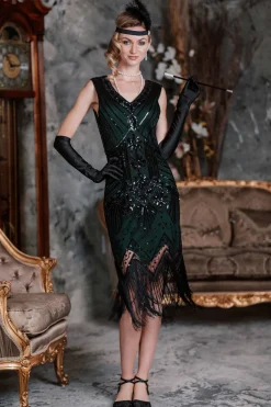 Best Retro Stage 1920s Sequined Flapper Dress dark green