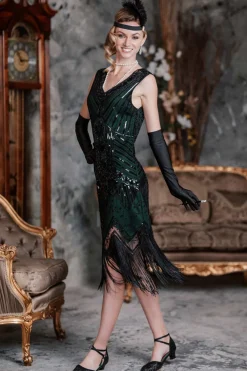 Best Retro Stage 1920s Sequined Flapper Dress dark green
