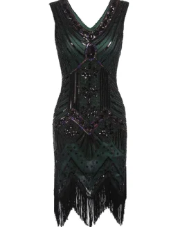 Best Retro Stage 1920s Sequined Flapper Dress dark green