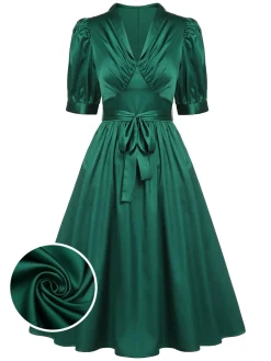 Clearance Retro Stage 1940s Solid Belt V-Neck Dress Dark Green