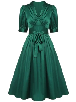 Clearance Retro Stage 1940s Solid Belt V-Neck Dress Dark Green