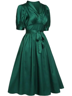 Clearance Retro Stage 1940s Solid Belt V-Neck Dress Dark Green