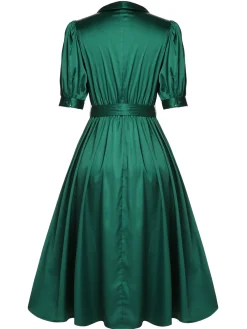 Clearance Retro Stage 1940s Solid Belt V-Neck Dress Dark Green