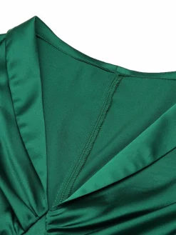 Clearance Retro Stage 1940s Solid Belt V-Neck Dress Dark Green