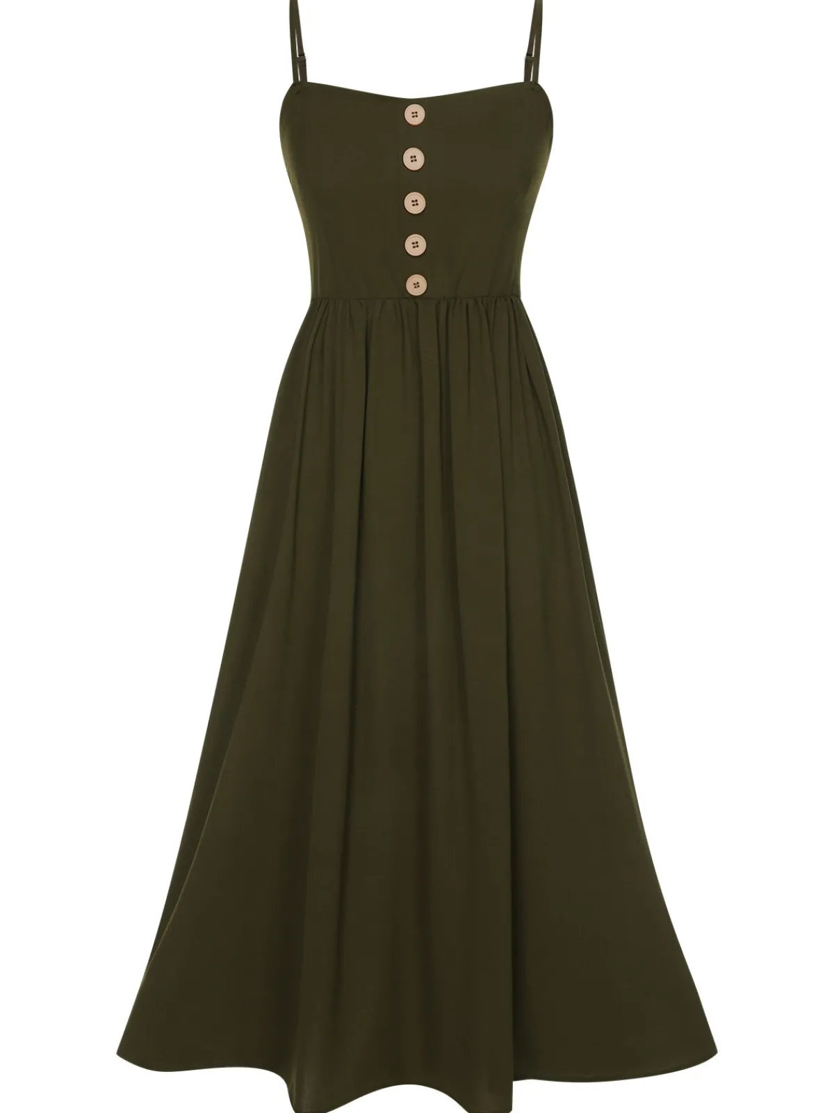 Fashion Retro Stage 1940s Solid Button Sling Dress Dark Green