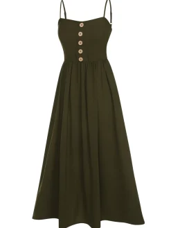 Fashion Retro Stage 1940s Solid Button Sling Dress Dark Green