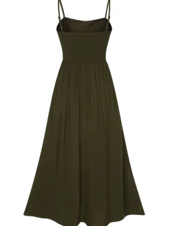 Fashion Retro Stage 1940s Solid Button Sling Dress Dark Green
