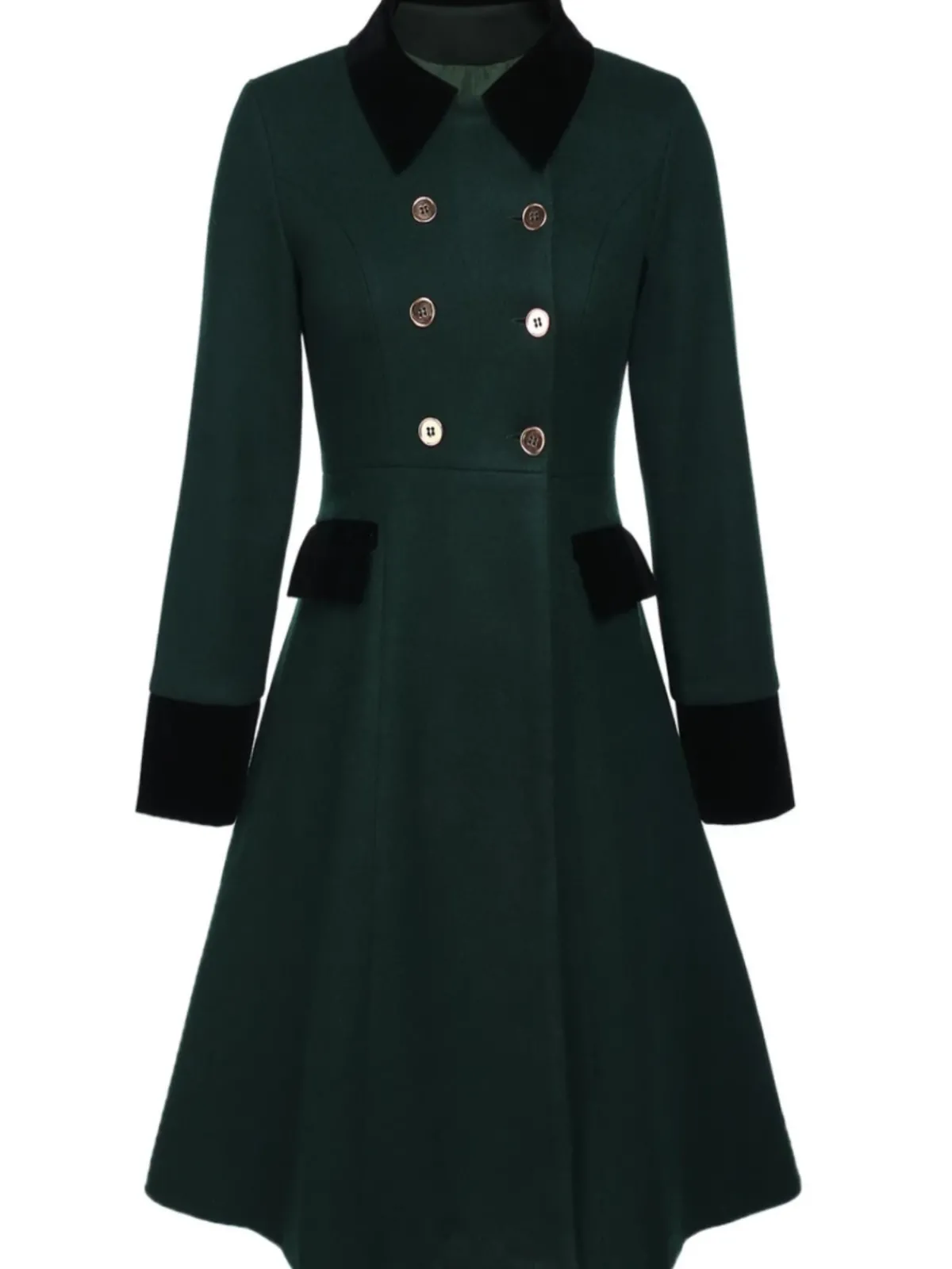 Online Retro Stage Dark Green 1940s Solid Button Coat