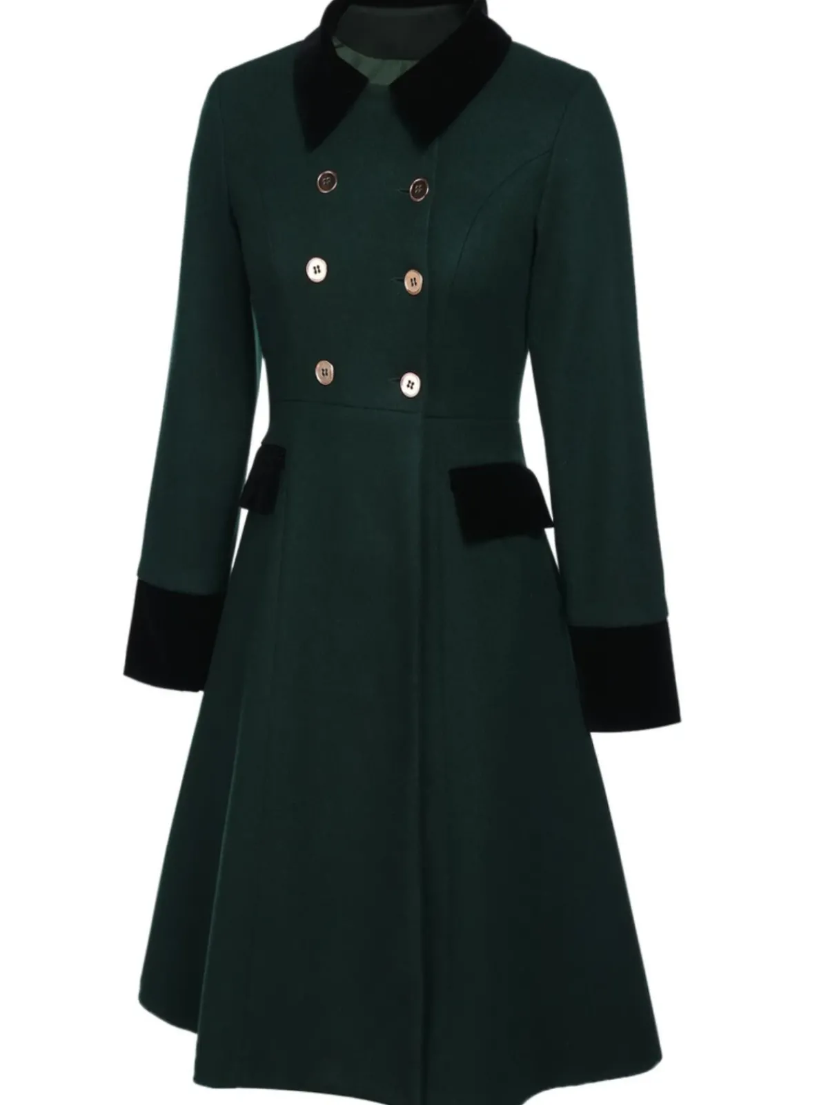 Online Retro Stage Dark Green 1940s Solid Button Coat
