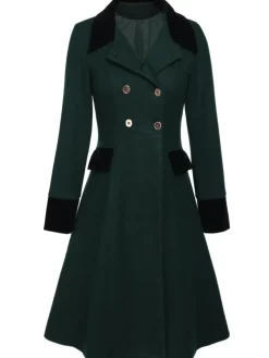 Online Retro Stage Dark Green 1940s Solid Button Coat