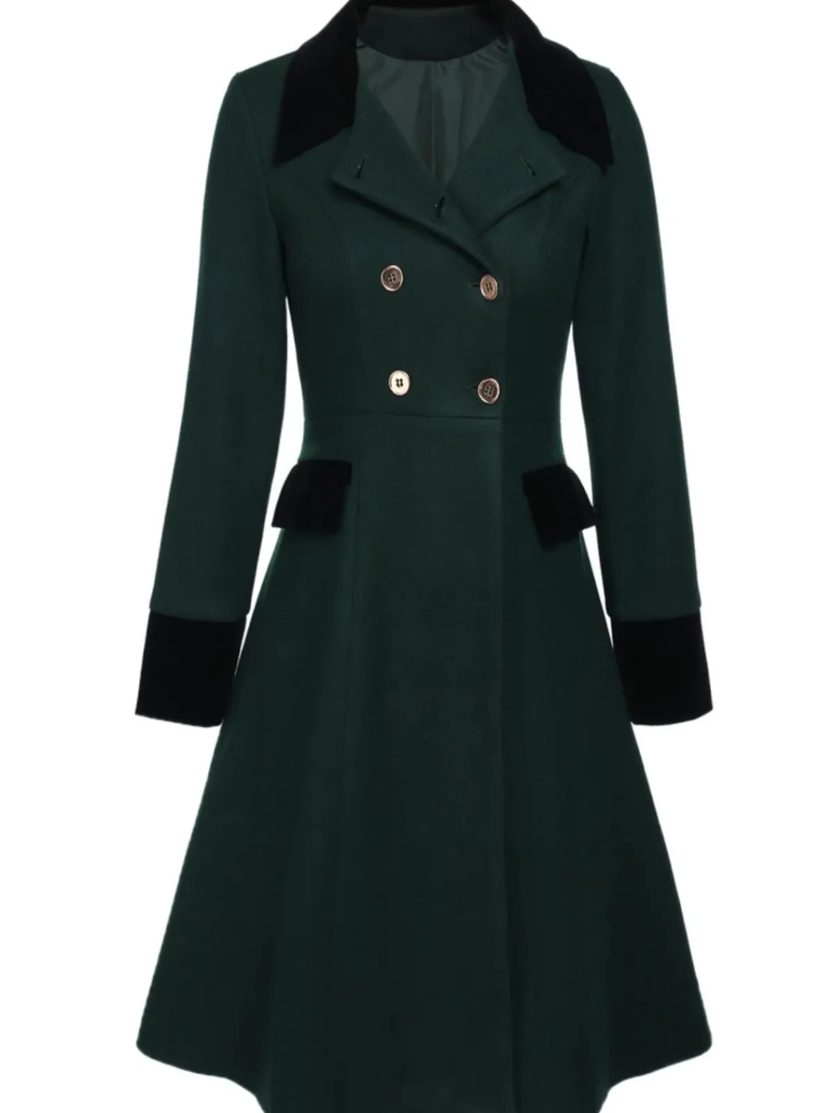 Online Retro Stage Dark Green 1940s Solid Button Coat