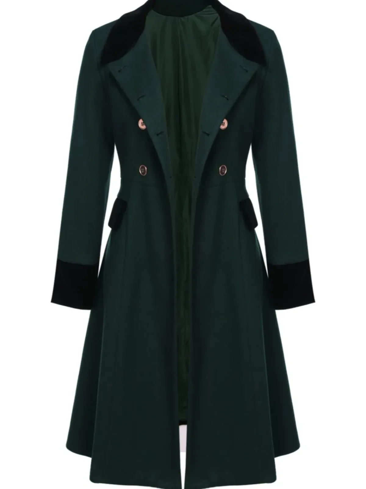 Online Retro Stage Dark Green 1940s Solid Button Coat