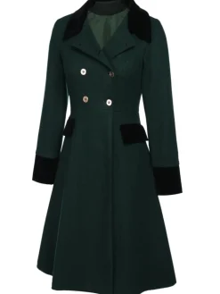 Online Retro Stage Dark Green 1940s Solid Button Coat