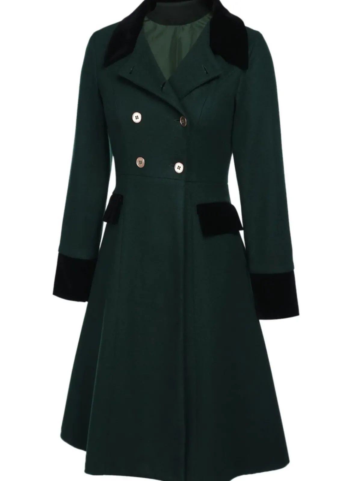 Online Retro Stage Dark Green 1940s Solid Button Coat
