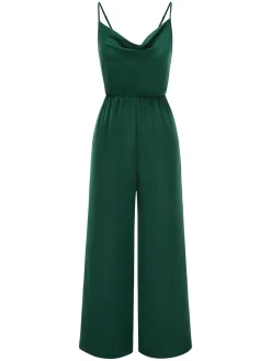 Clearance Retro Stage 1930s Solid Spaghetti Straps Cowl Neck Jumpsuit Dark Green