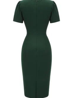 New Retro Stage 1940s Solid Wrap Dress Dark Green