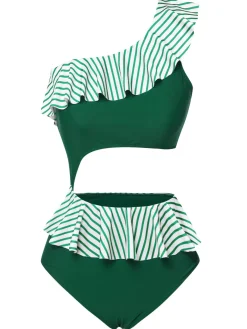 New Retro Stage 1940s Striped Ruffled Swimsuit Dark Green