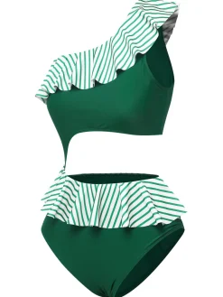 New Retro Stage 1940s Striped Ruffled Swimsuit Dark Green