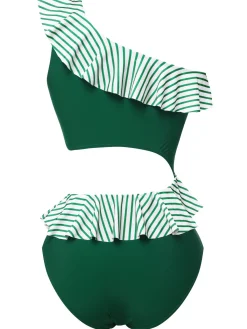 New Retro Stage 1940s Striped Ruffled Swimsuit Dark Green