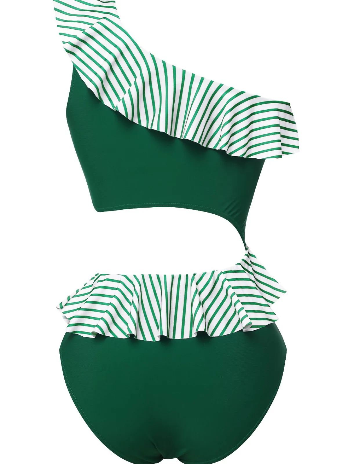 New Retro Stage 1940s Striped Ruffled Swimsuit Dark Green