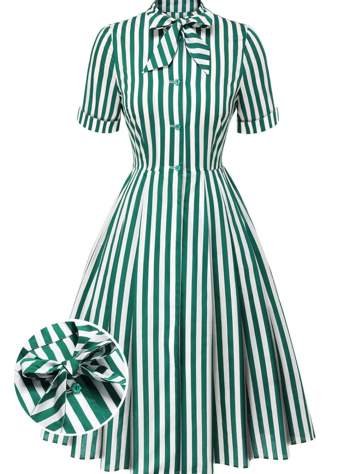 Discount Retro Stage 1950s Tie Neck Striped Dress Dark Green