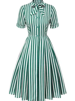 Discount Retro Stage 1950s Tie Neck Striped Dress Dark Green