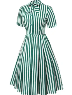 Discount Retro Stage 1950s Tie Neck Striped Dress Dark Green