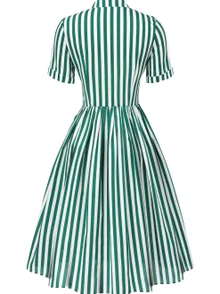 Discount Retro Stage 1950s Tie Neck Striped Dress Dark Green