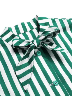 Discount Retro Stage 1950s Tie Neck Striped Dress Dark Green